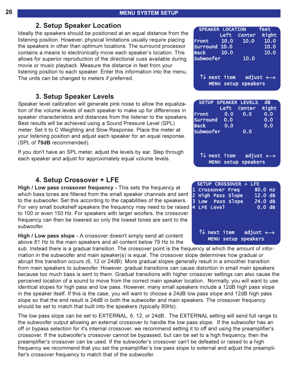 Setup speaker location, Setup speaker levels, Setup crossover + lfe | B&K 13790 1104 User Manual | Page 28 / 64