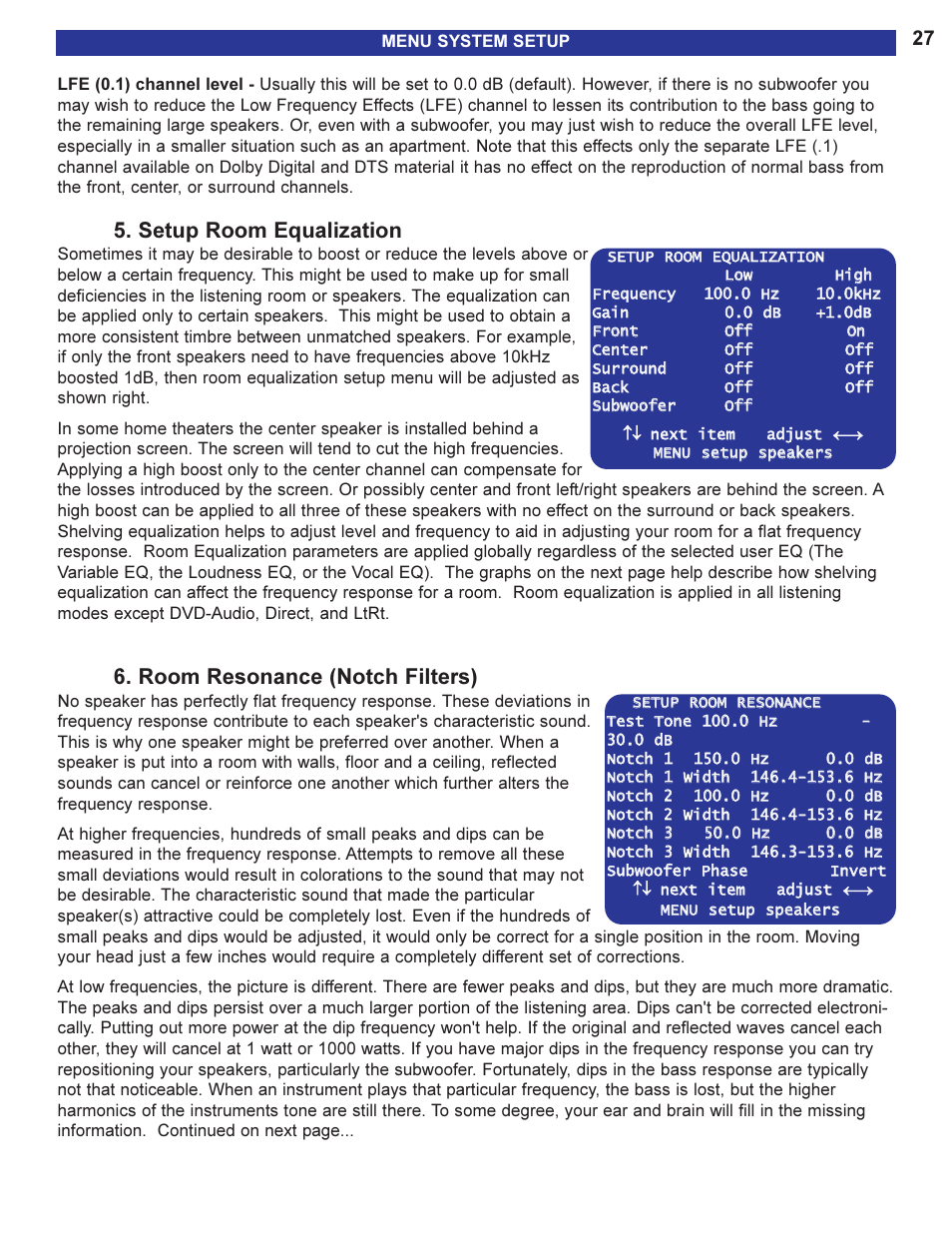 Setup room equalization, Room resonance (notch fil, Room resonance (notch filters) | B&K 13790 1104 User Manual | Page 29 / 64