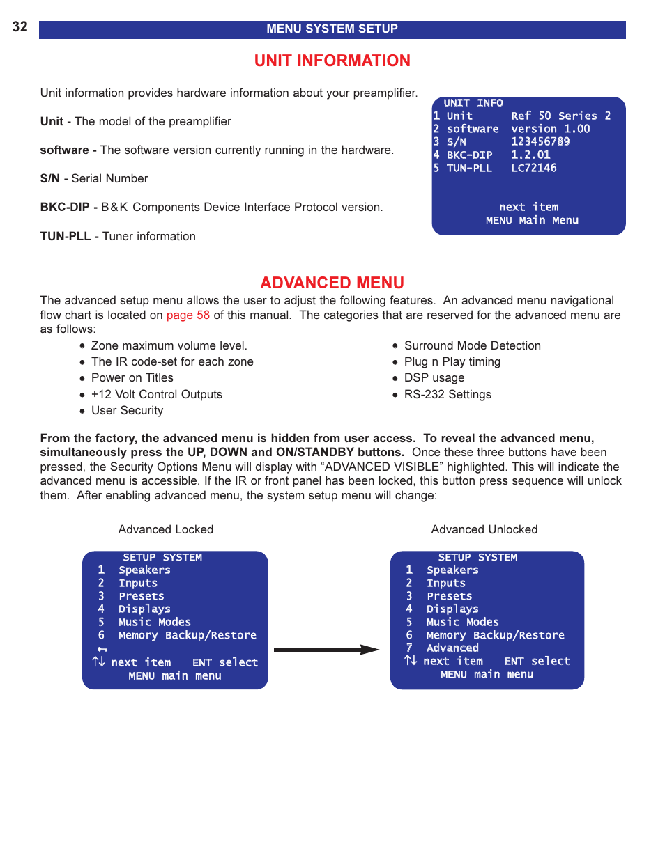 Unit information, Advanced menu | B&K 13790 1104 User Manual | Page 34 / 64