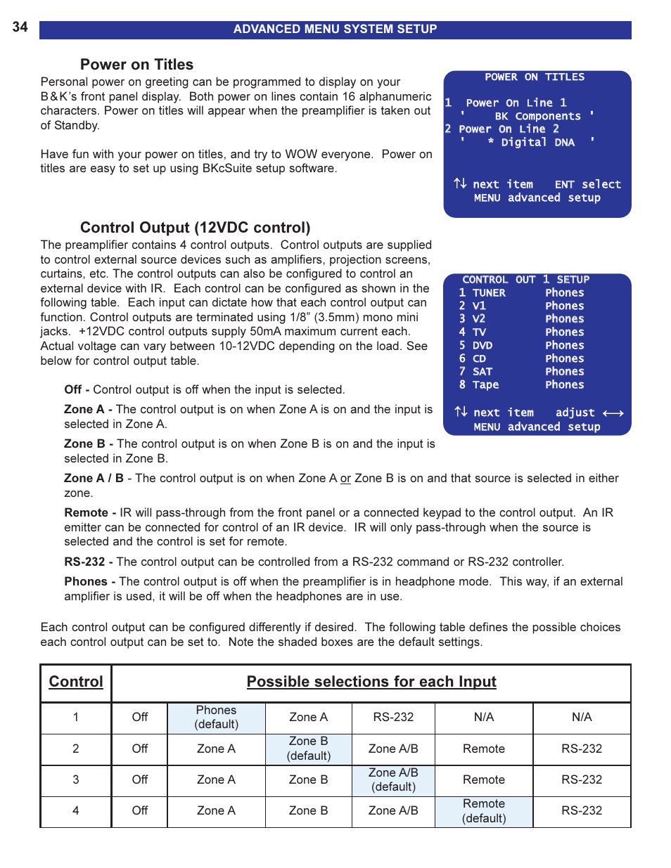 Power on titles, S, see the control setup section on, Control output (12vdc control) | Control possible selections for each input | B&K 13790 1104 User Manual | Page 36 / 64