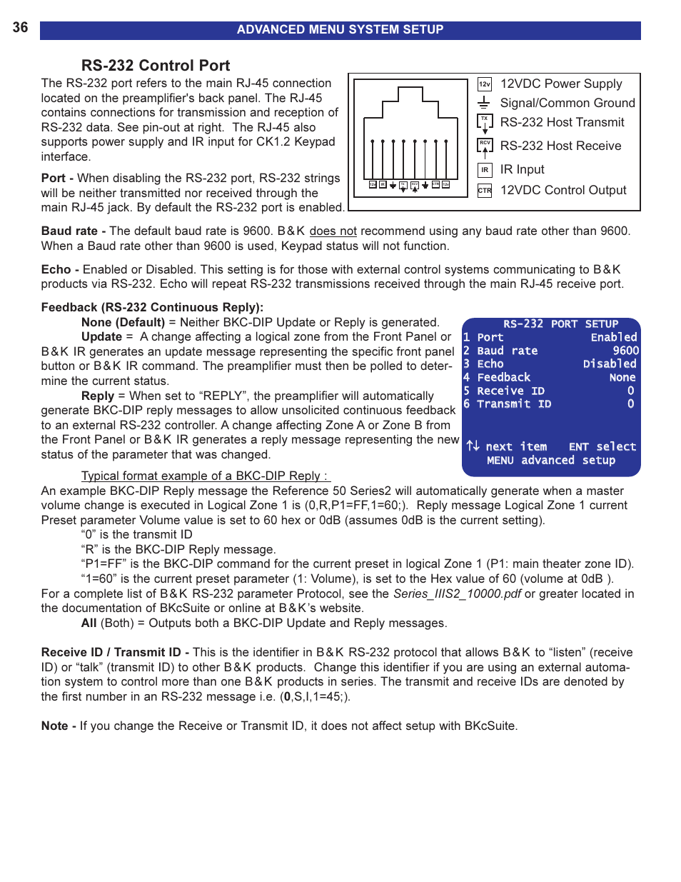 Rs-232 control port | B&K 13790 1104 User Manual | Page 38 / 64
