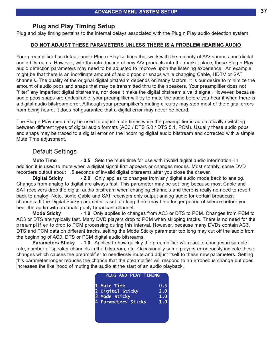 Plug and play timing setup, Default settings | B&K 13790 1104 User Manual | Page 39 / 64