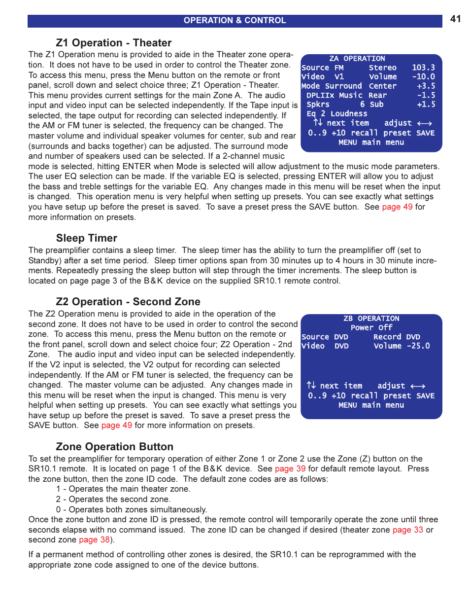 Z1 operation - theater, Sleep timer, Z2 operation - second zone | Zone operation button | B&K 13790 1104 User Manual | Page 43 / 64