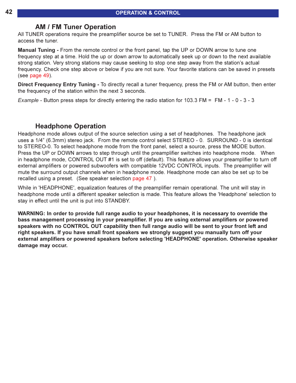 Am / fm tuner operation, Headphone operation | B&K 13790 1104 User Manual | Page 44 / 64