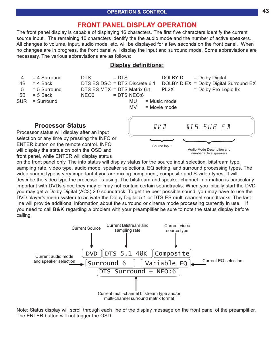 Front panel display operatio, Processor status, Front panel display operation | B&K 13790 1104 User Manual | Page 45 / 64