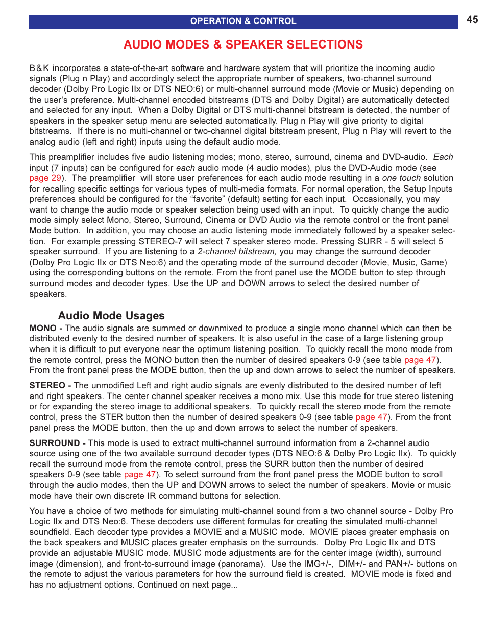 Audio modes & speaker select, Audio mode usages, Audio modes & speaker selections | Decoder used. see | B&K 13790 1104 User Manual | Page 47 / 64