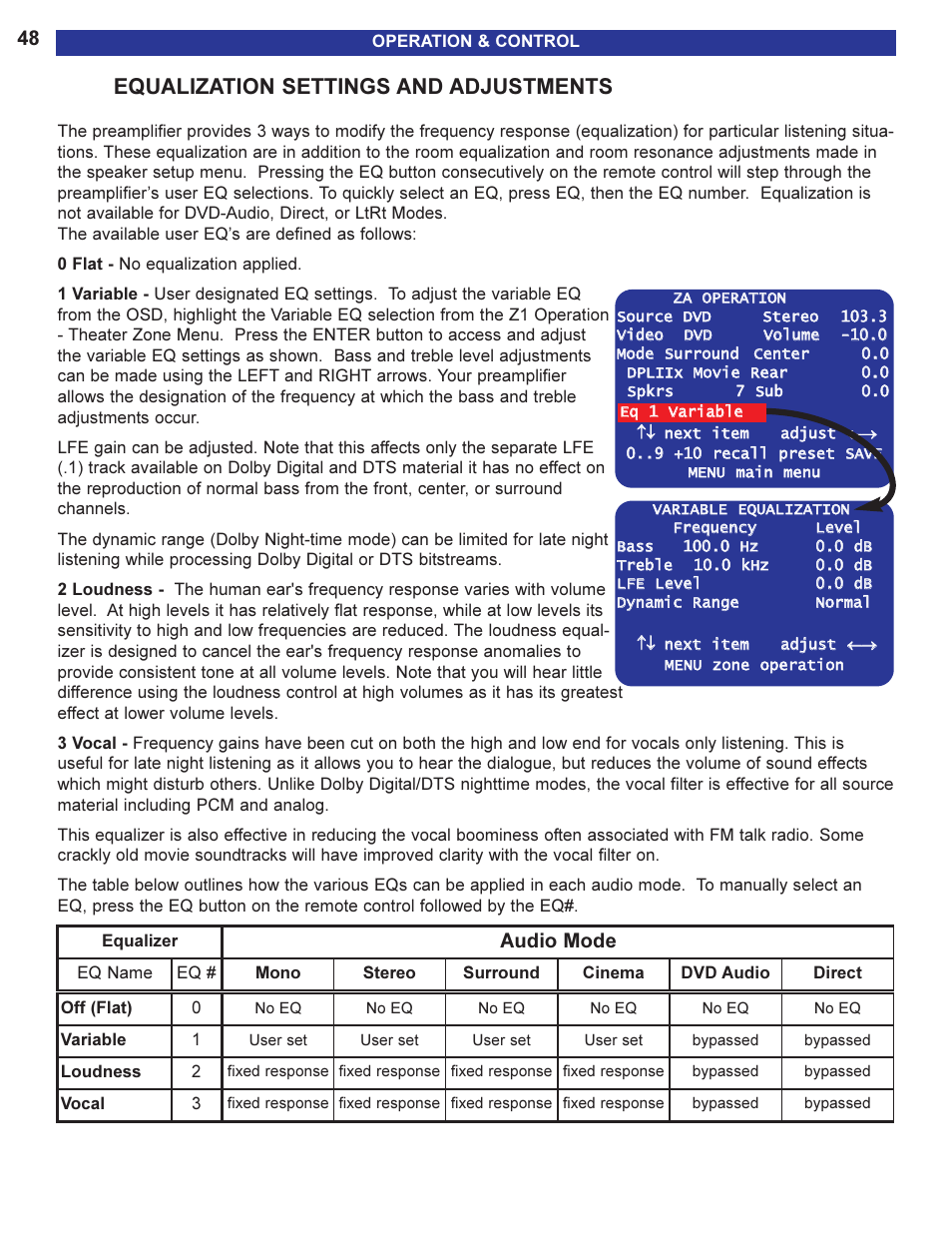 Equalization settings and ad, Equalization settings and adjustments, Audio mode | B&K 13790 1104 User Manual | Page 50 / 64