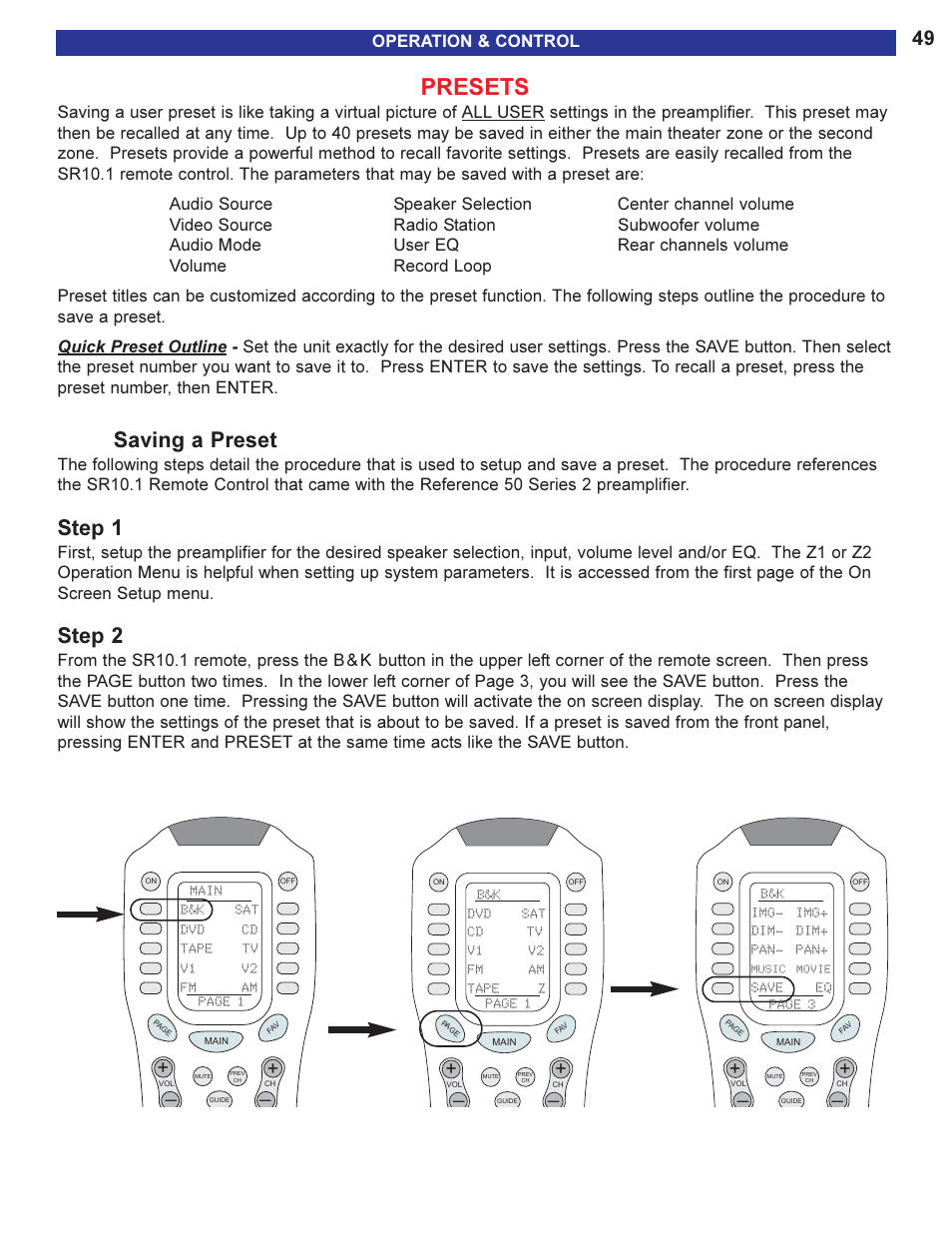 Presets, Saving a preset, Ve button. see | For more information on presets, Step 1, Step 2, Operation & control | B&K 13790 1104 User Manual | Page 51 / 64