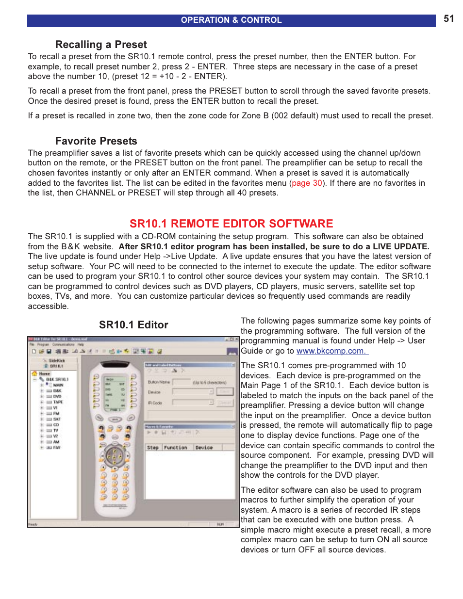 Recalling a preset, Favorite presets, Sr10.1 remote editor softwar | Sr10.1 remote editor software, For instructions on programming the sr10.1 see | B&K 13790 1104 User Manual | Page 53 / 64