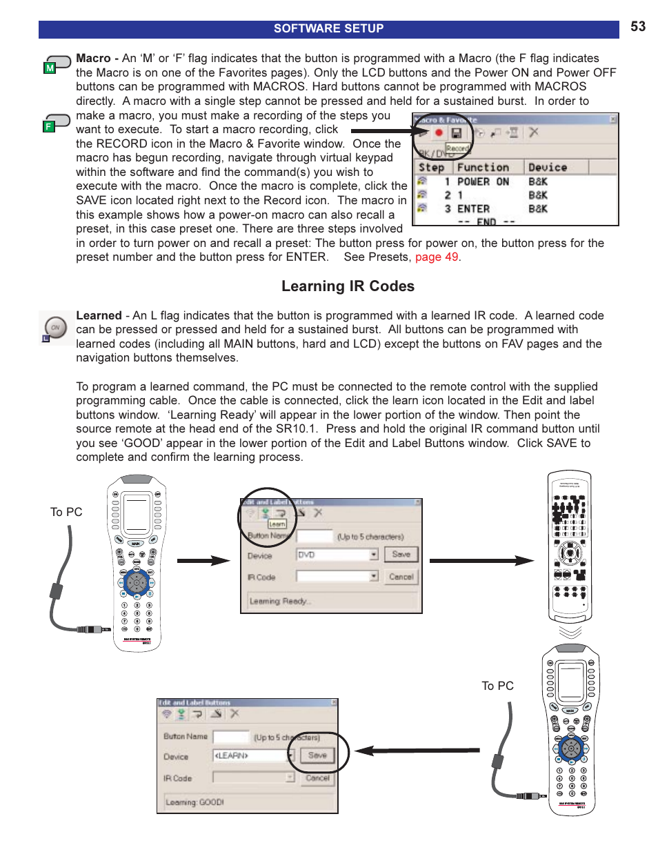 Learning ir codes, Software setup | B&K 13790 1104 User Manual | Page 55 / 64