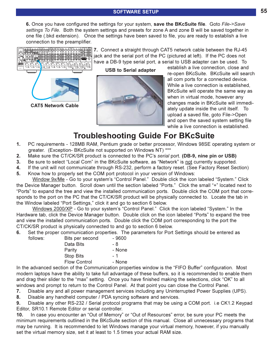 Troubleshooting guide for bk, Troubleshooting guide for bkcsuite, Software setup | Usb to serial adapter cat5 network cable | B&K 13790 1104 User Manual | Page 57 / 64