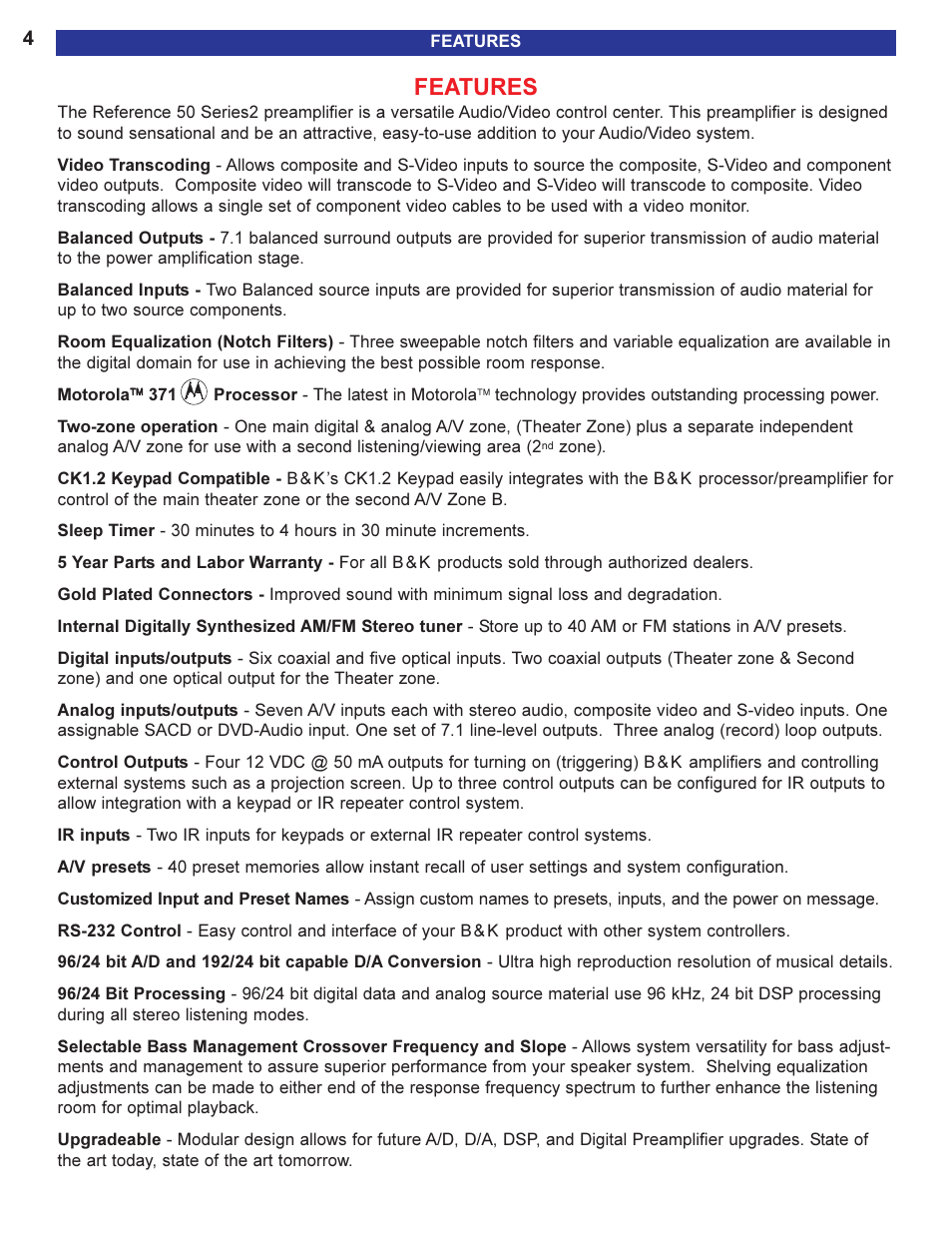 Features | B&K 13790 1104 User Manual | Page 6 / 64