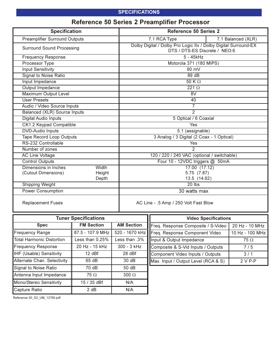 Specifications, Back, Reference 50 series 2 preamplifier processor | B&K 13790 1104 User Manual | Page 64 / 64