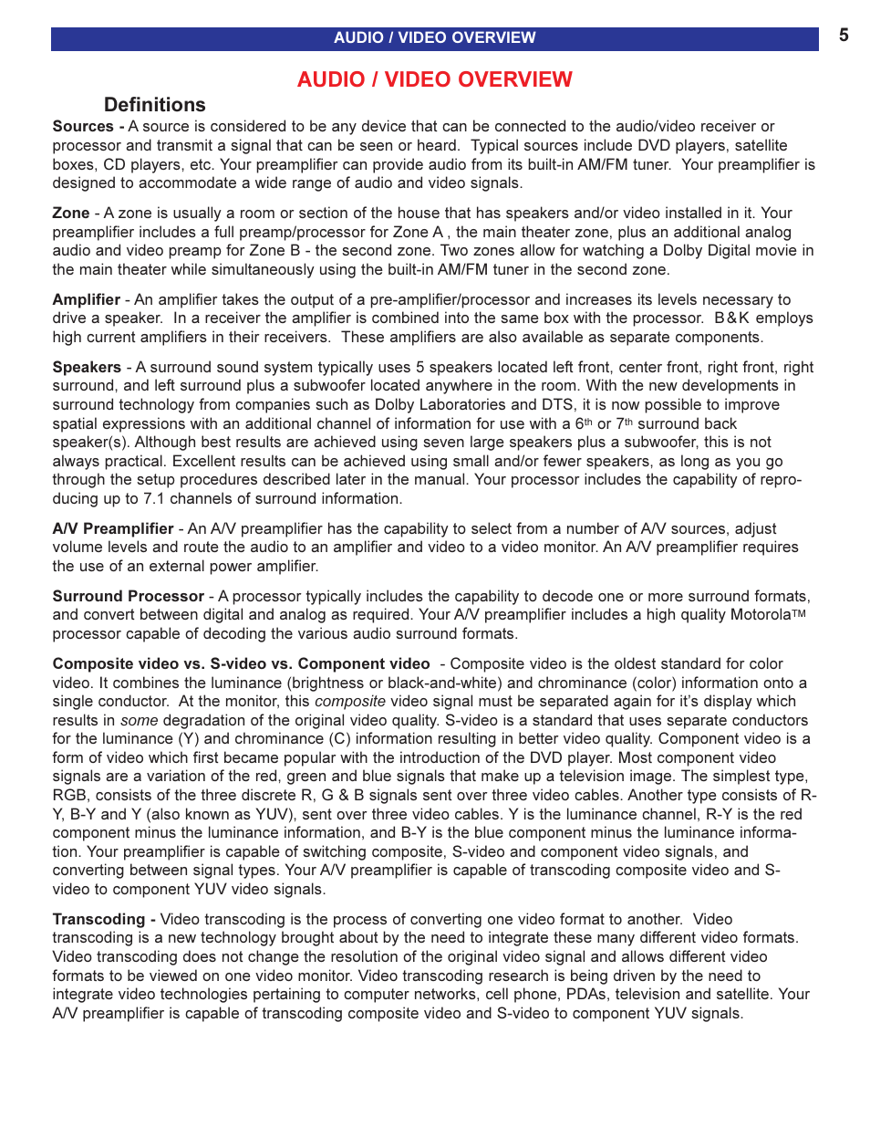 Audio overview, Audio / video overview, Definitions | B&K 13790 1104 User Manual | Page 7 / 64