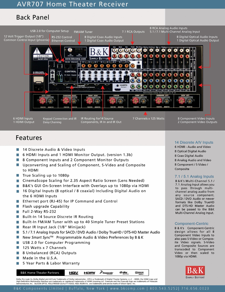 Avr707 home theater receiver back panel, Features, Iici | Ol'o ofoi’o ol'oio, Harm | B&K AVR707 User Manual | Page 2 / 2