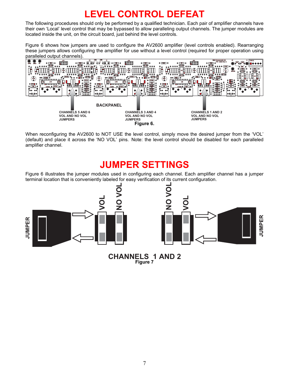Level control defeat, Jumper settings, Vol no vol no vol vol | Channels 1 and 2, Jumper, Figure 7, Backpanel | B&K AV2600 User Manual | Page 10 / 16