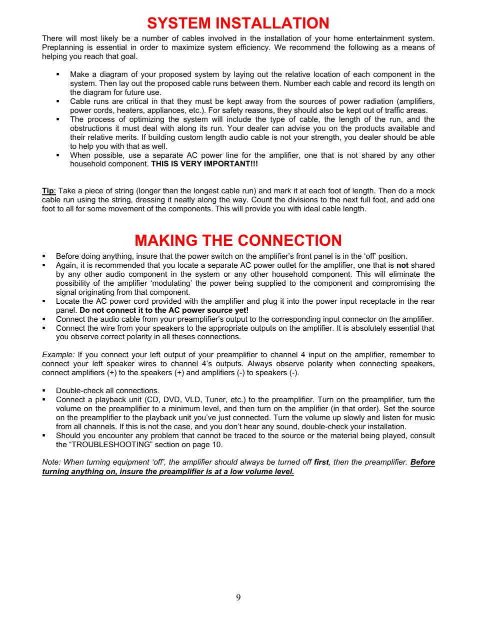 System installation, Making the connection | B&K AV2600 User Manual | Page 12 / 16