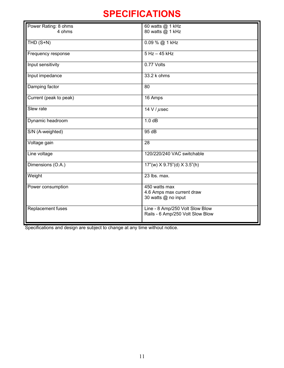 Specifications | B&K AV2600 User Manual | Page 14 / 16