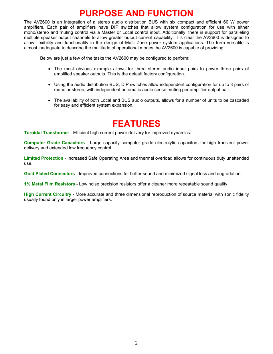 Purpose and function, Features | B&K AV2600 User Manual | Page 5 / 16