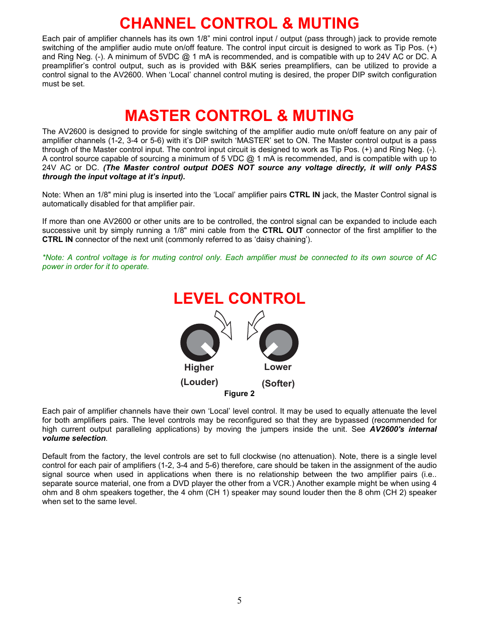 Channel control & muting, Master control & muting, Level control | B&K AV2600 User Manual | Page 8 / 16