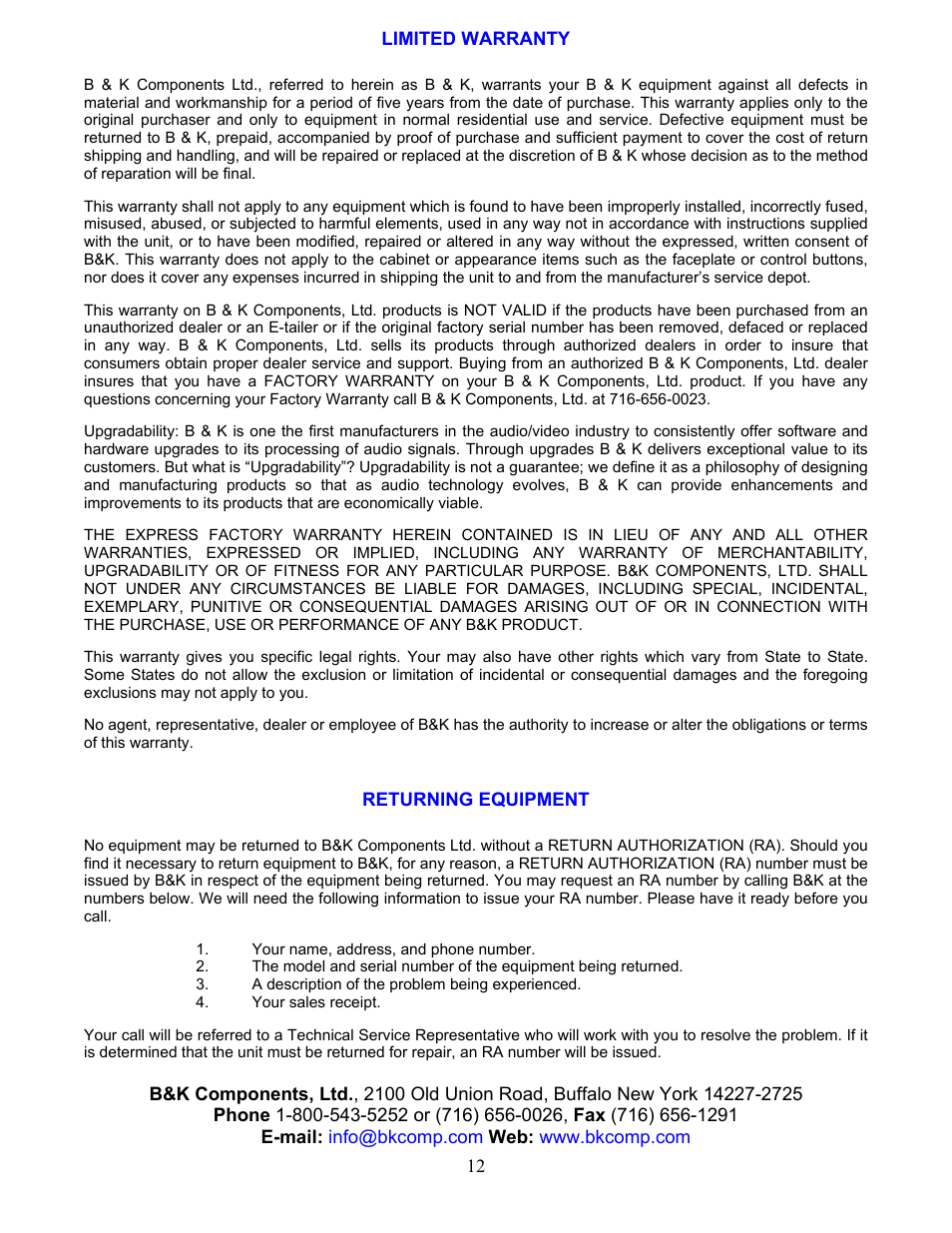 Limited warranty, Returning equipment | B&K ST55.2 User Manual | Page 15 / 16