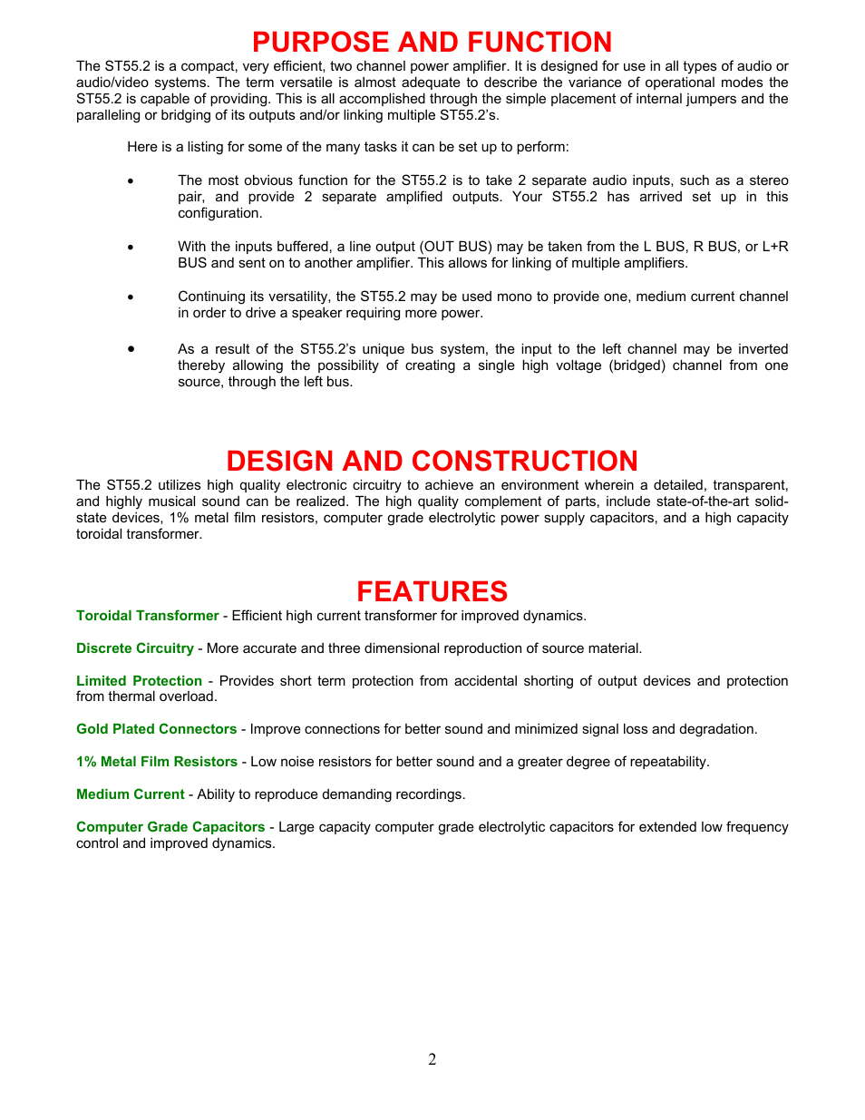 Purpose and function, Design and construction, Features | B&K ST55.2 User Manual | Page 5 / 16