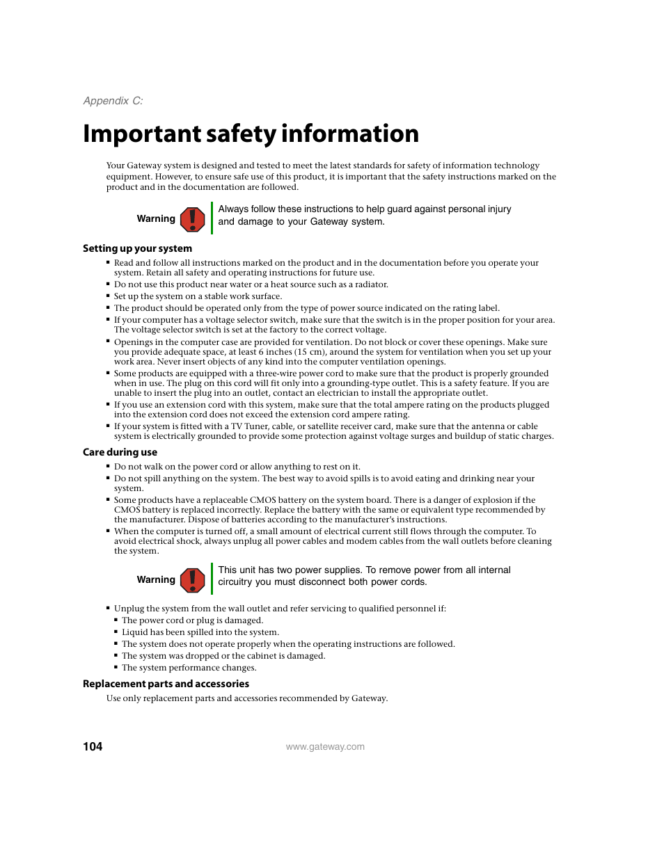 Important safety information, Appendix c, Setting up your system | Care during use, Replacement parts and accessories | Gateway E-9220T User Manual | Page 109 / 124
