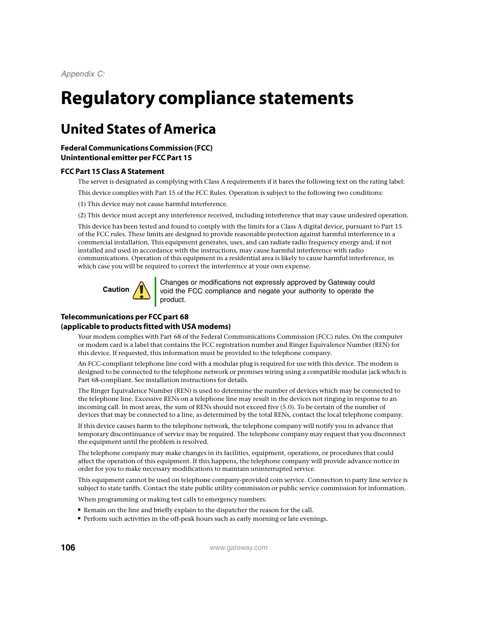 Regulatory compliance statements, United states of america | Gateway E-9220T User Manual | Page 111 / 124