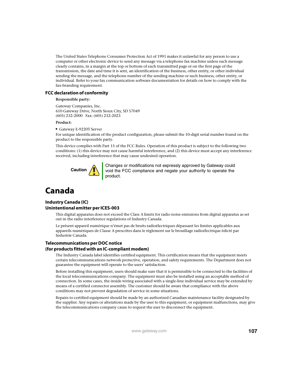 Canada | Gateway E-9220T User Manual | Page 112 / 124