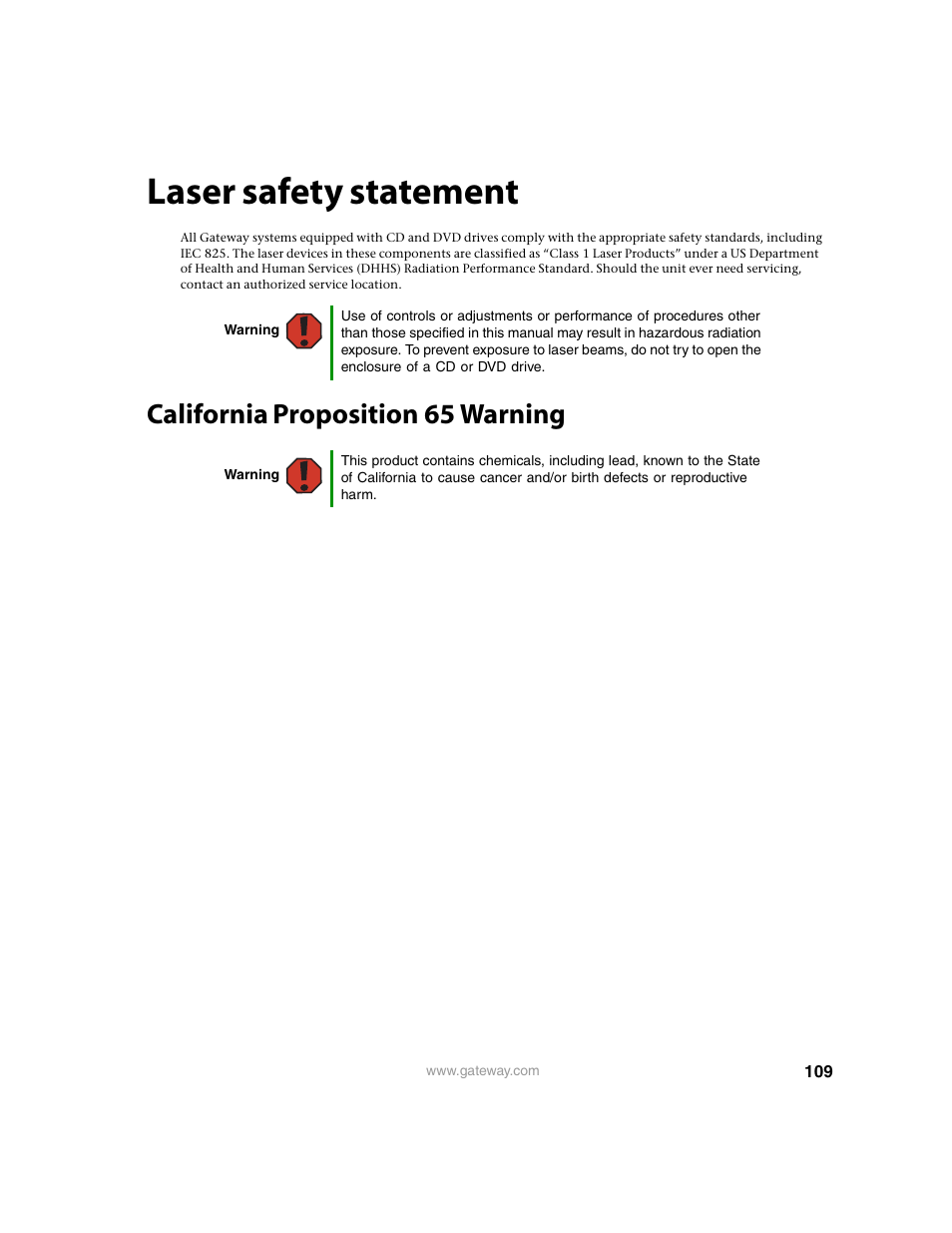 Laser safety statement, California proposition 65 warning | Gateway E-9220T User Manual | Page 114 / 124
