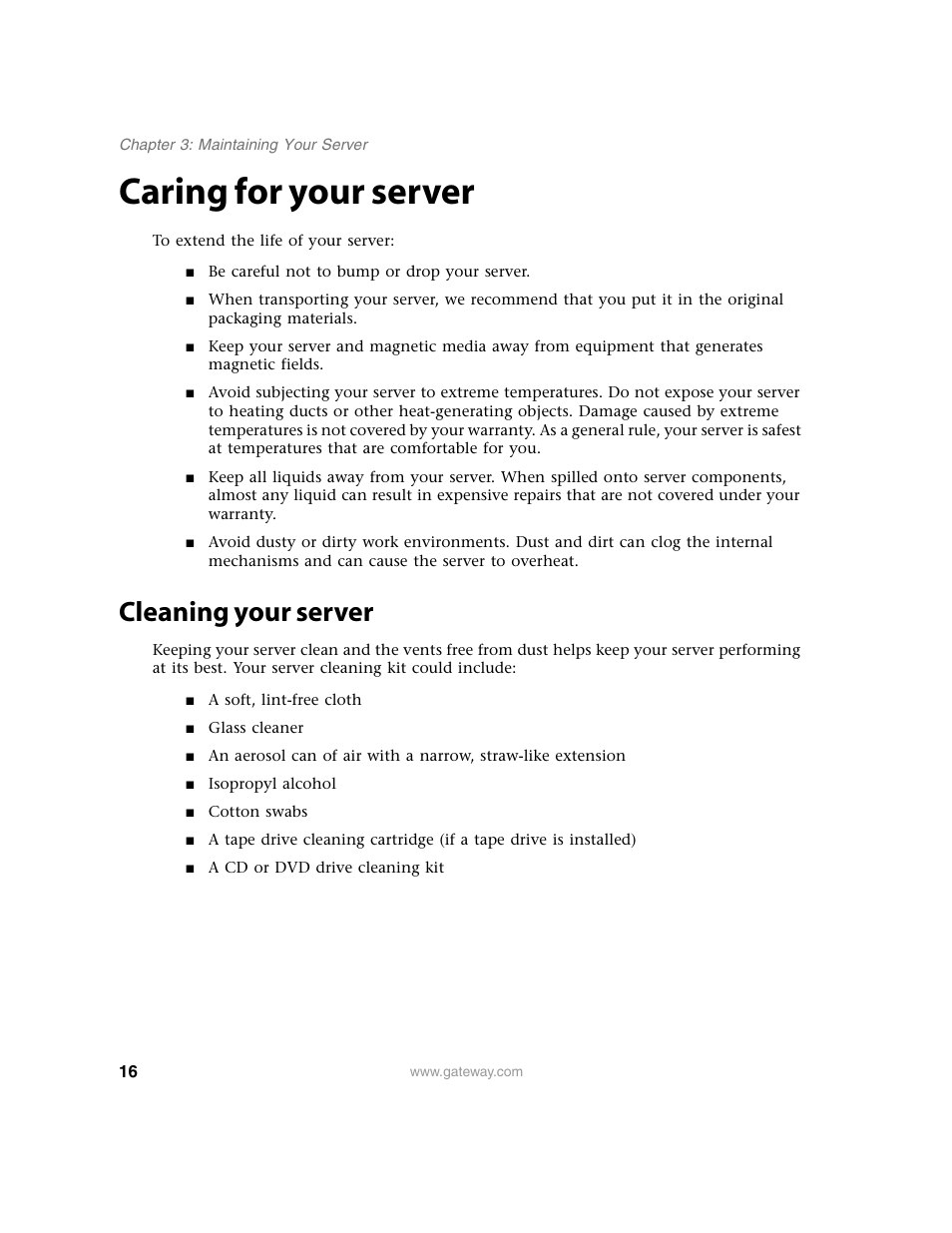 Caring for your server, Cleaning your server | Gateway E-9220T User Manual | Page 21 / 124