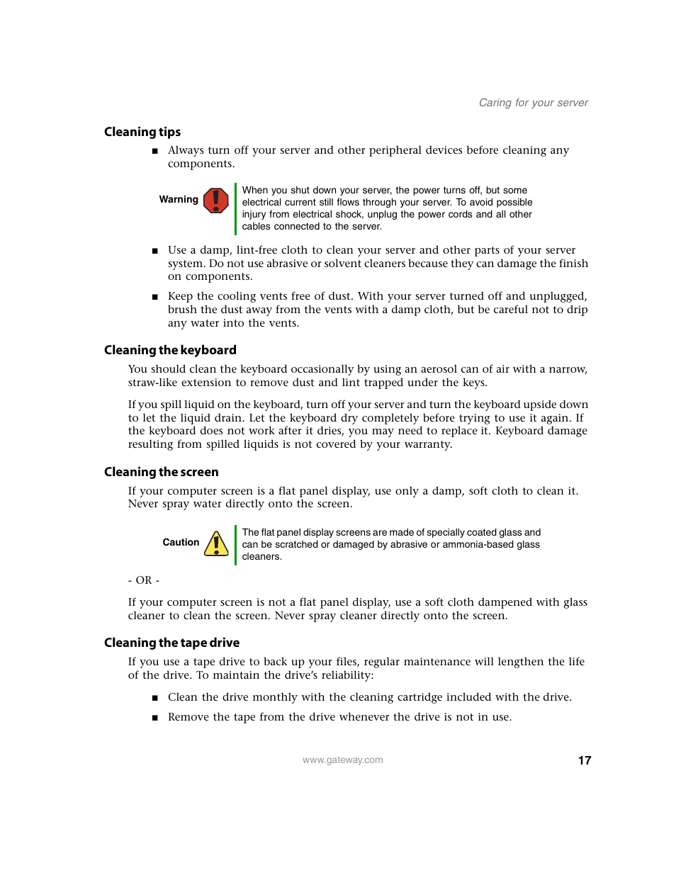 Cleaning tips, Cleaning the keyboard, Cleaning the screen | Cleaning the tape drive | Gateway E-9220T User Manual | Page 22 / 124