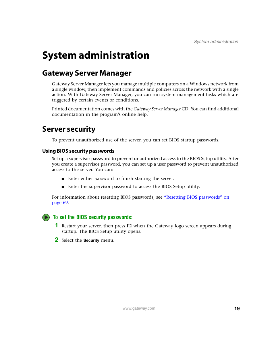 System administration, Gateway server manager, Server security | Using bios security passwords, Gateway server manager server security | Gateway E-9220T User Manual | Page 24 / 124