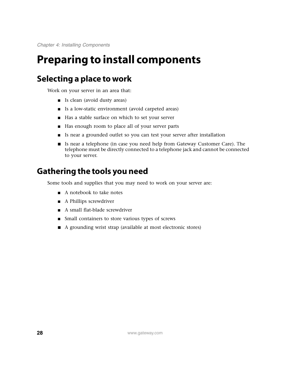 Preparing to install components, Selecting a place to work, Gathering the tools you need | Gateway E-9220T User Manual | Page 33 / 124