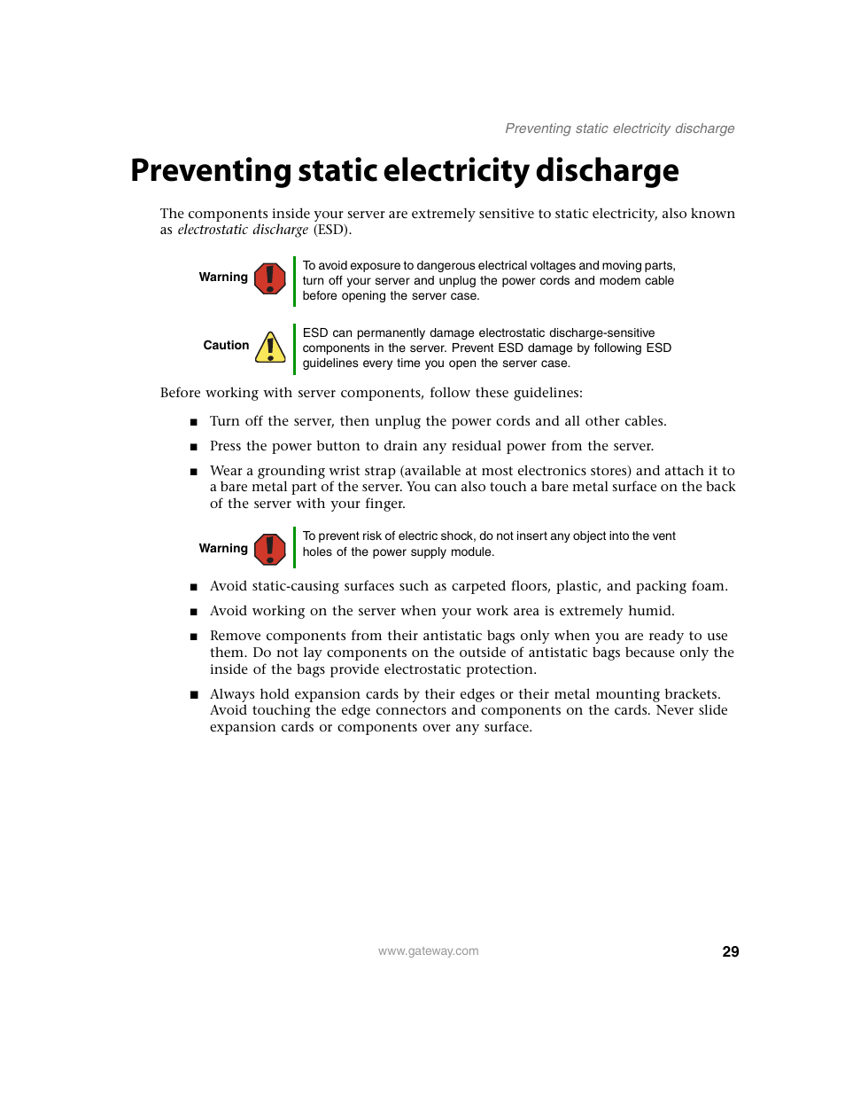 Preventing static electricity discharge | Gateway E-9220T User Manual | Page 34 / 124