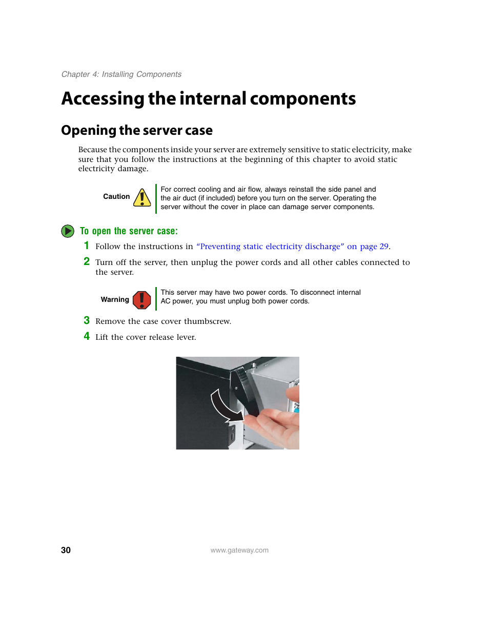 Accessing the internal components, Opening the server case | Gateway E-9220T User Manual | Page 35 / 124
