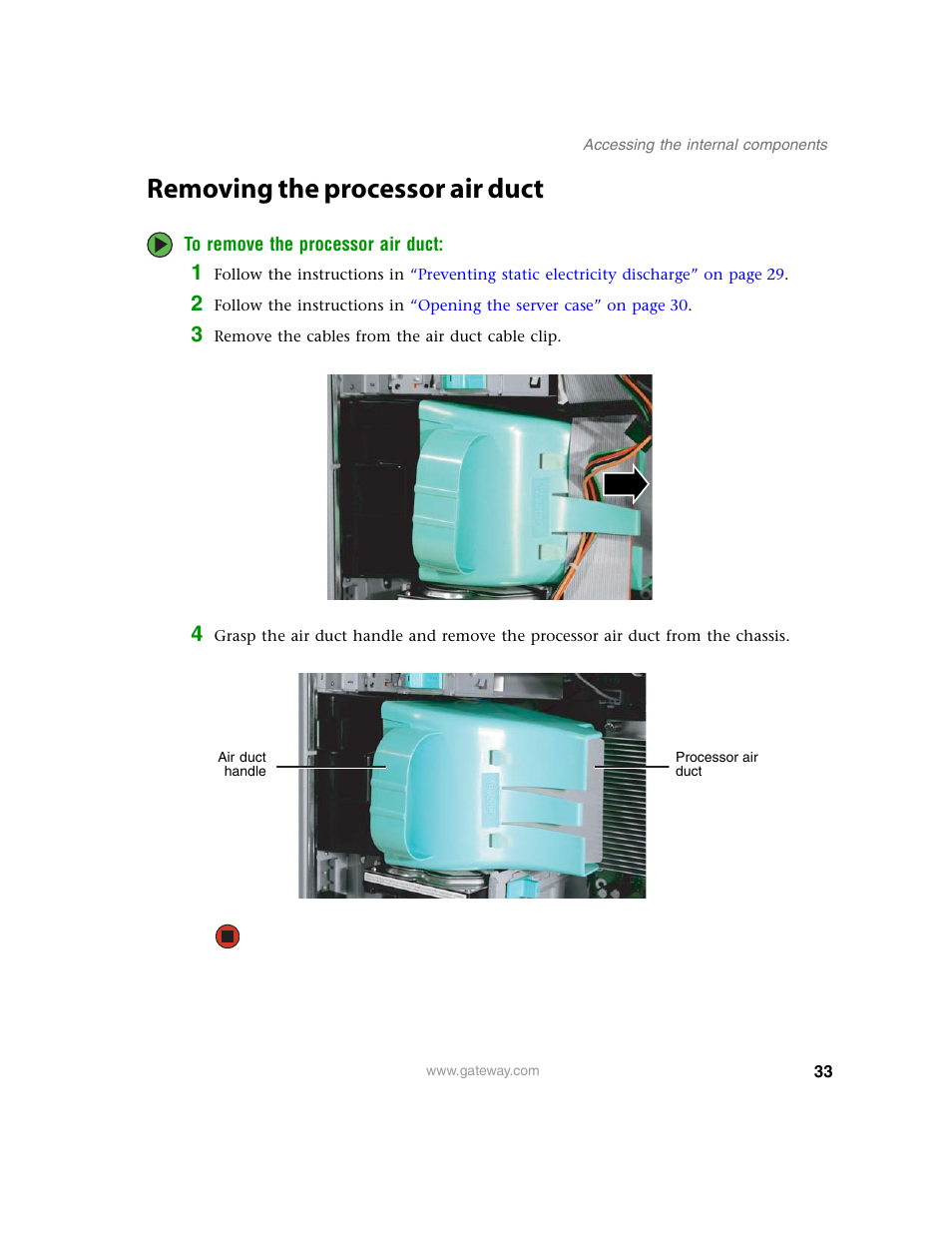 Removing the processor air duct | Gateway E-9220T User Manual | Page 38 / 124