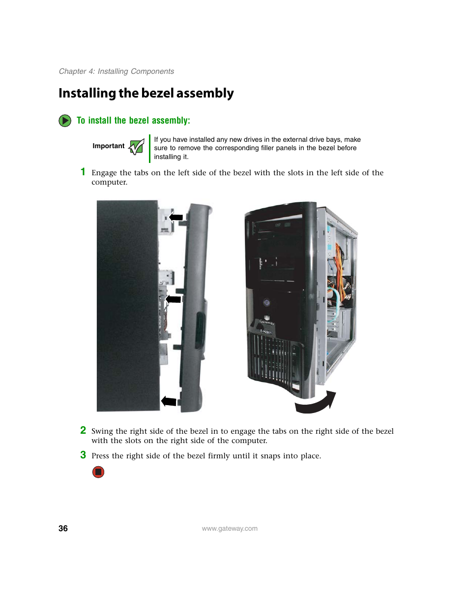 Installing the bezel assembly | Gateway E-9220T User Manual | Page 41 / 124