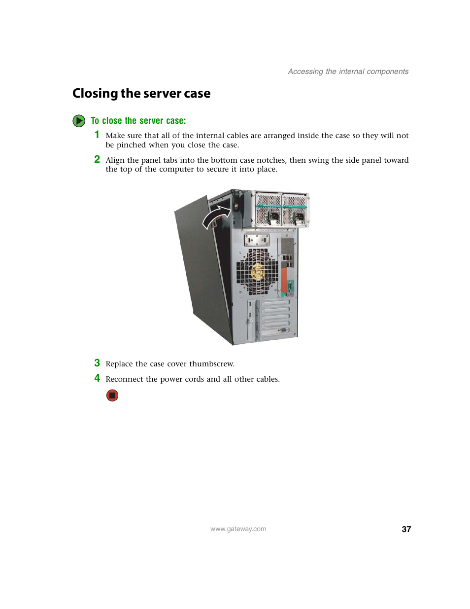 Closing the server case | Gateway E-9220T User Manual | Page 42 / 124