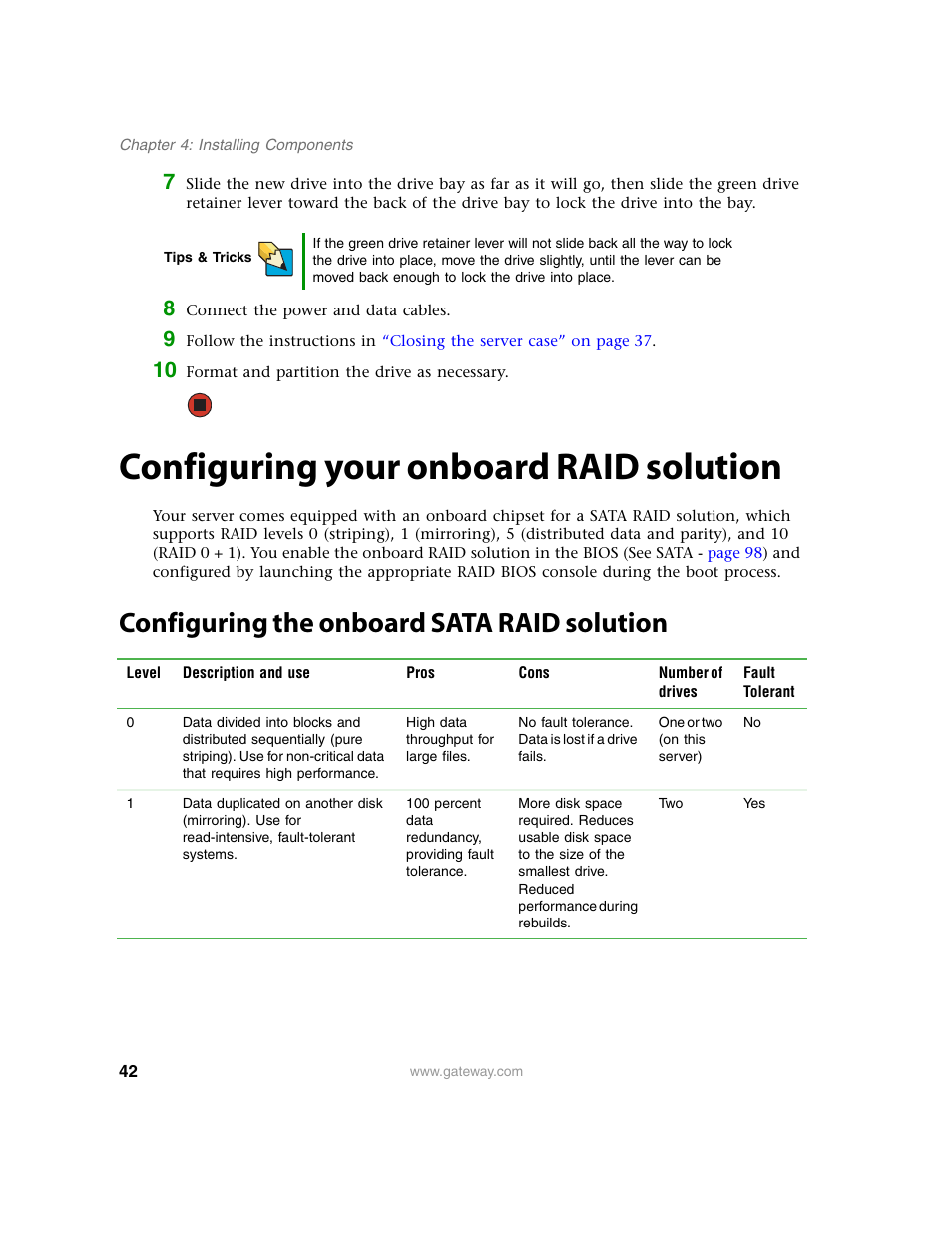 Configuring your onboard raid solution, Configuring the onboard sata raid solution, Step 7 | Gateway E-9220T User Manual | Page 47 / 124