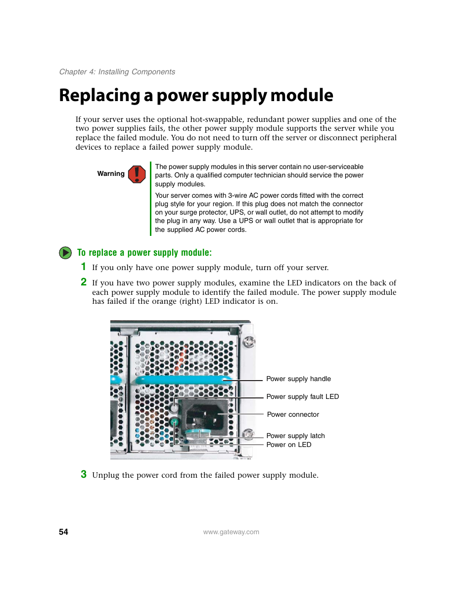 Replacing a power supply module | Gateway E-9220T User Manual | Page 59 / 124