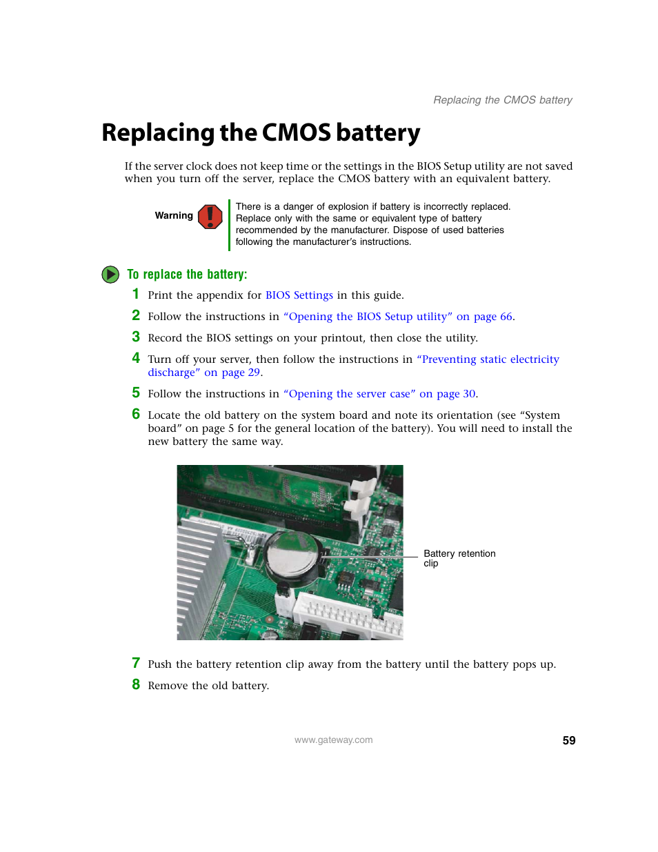 Replacing the cmos battery | Gateway E-9220T User Manual | Page 64 / 124