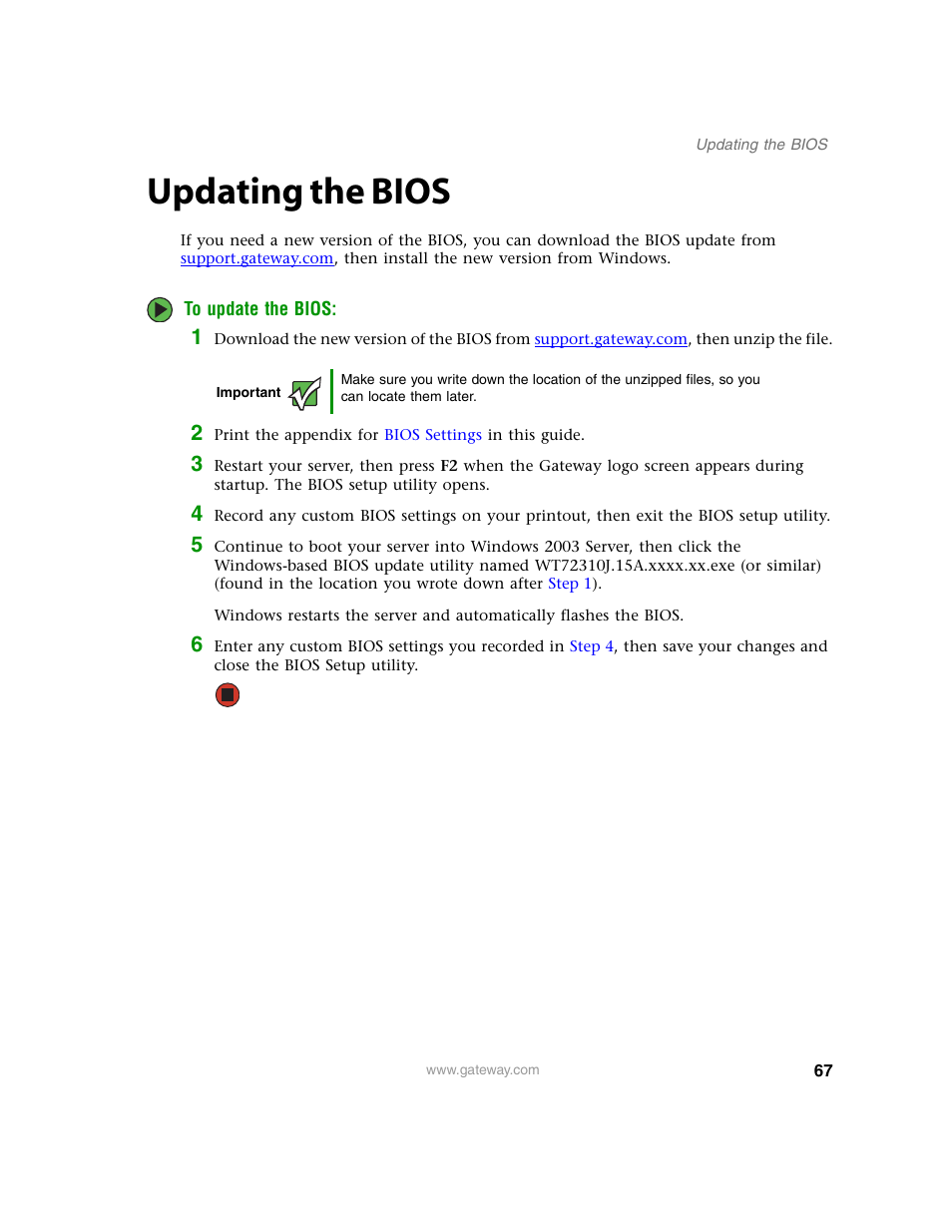 Updating the bios | Gateway E-9220T User Manual | Page 72 / 124