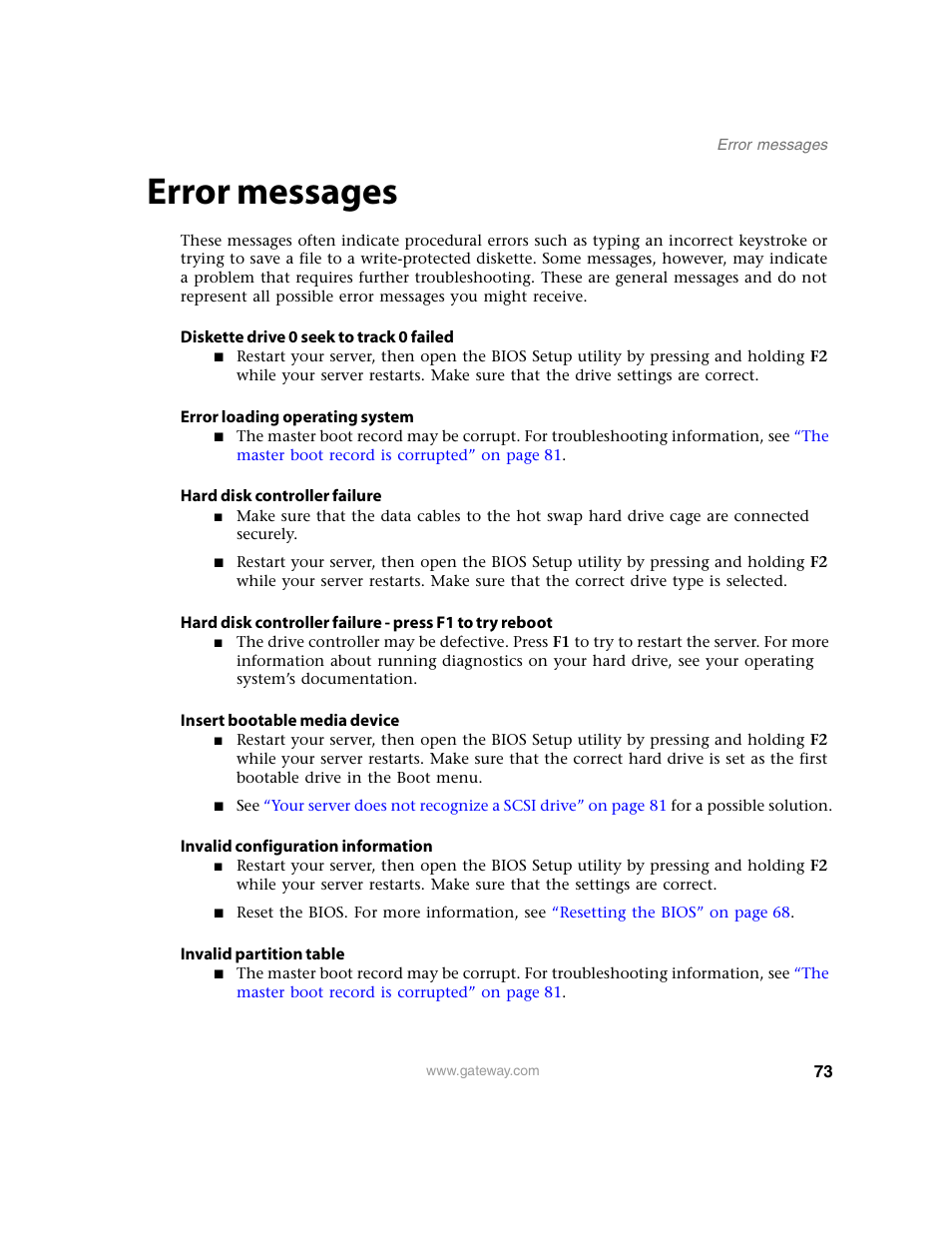 Error messages | Gateway E-9220T User Manual | Page 78 / 124