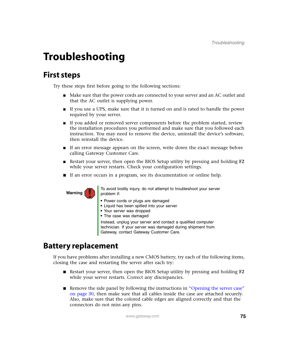 Troubleshooting, First steps, Battery replacement | First steps battery replacement | Gateway E-9220T User Manual | Page 80 / 124