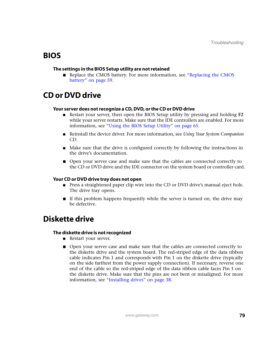 Bios, Cd or dvd drive, Diskette drive | Bios cd or dvd drive diskette drive | Gateway E-9220T User Manual | Page 84 / 124