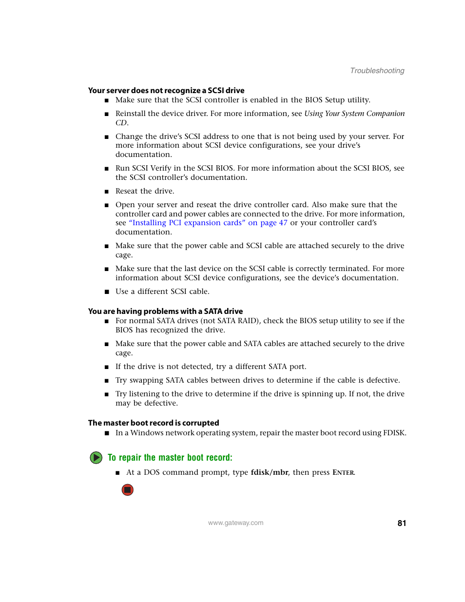 For a, Your server does not recognize a scsi drive, You are having problems with a sata drive | The master boot record is corrupted | Gateway E-9220T User Manual | Page 86 / 124