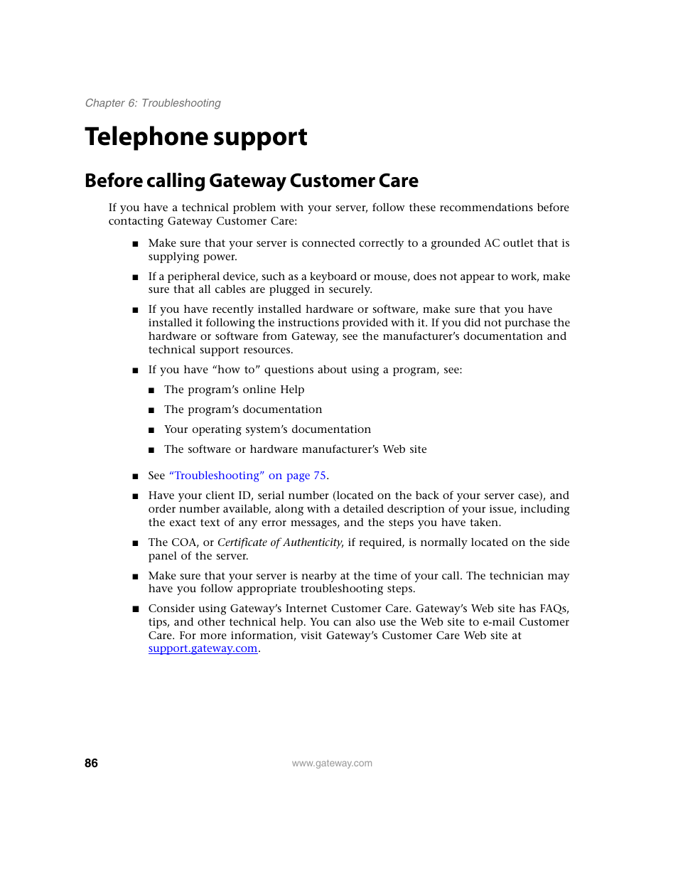 Telephone support, Before calling gateway customer care | Gateway E-9220T User Manual | Page 91 / 124