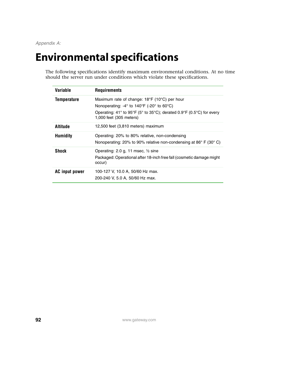 Environmental specifications | Gateway E-9220T User Manual | Page 97 / 124