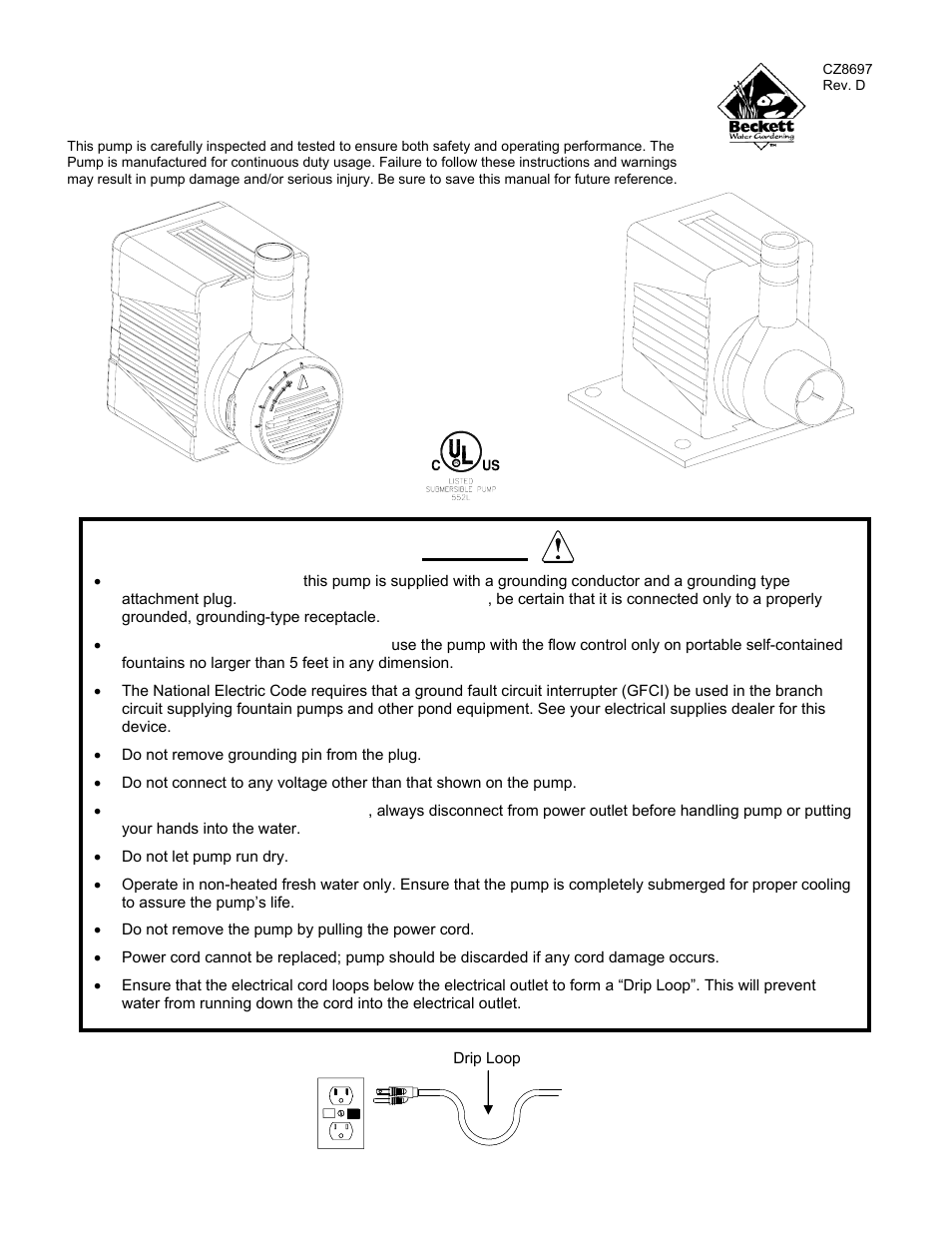 Beckett Water Gardening Submersible Pump M400A User Manual | 8 pages